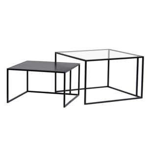 Tables basses gigognes carrées design verre trempé et métal noir (lot de 2) TAHL