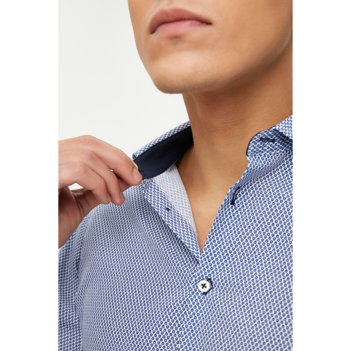 Camicia Uomo 1 Bottone Francese Slim Cotone Poliestere Stampato Blu\Bianco