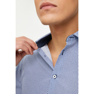 Camicia Uomo 1 Bottone Francese Slim Cotone Poliestere Stampato Blu\Bianco