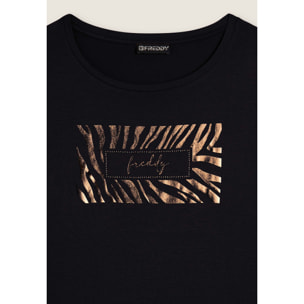 T-shirt donna manica lunga con logo strass