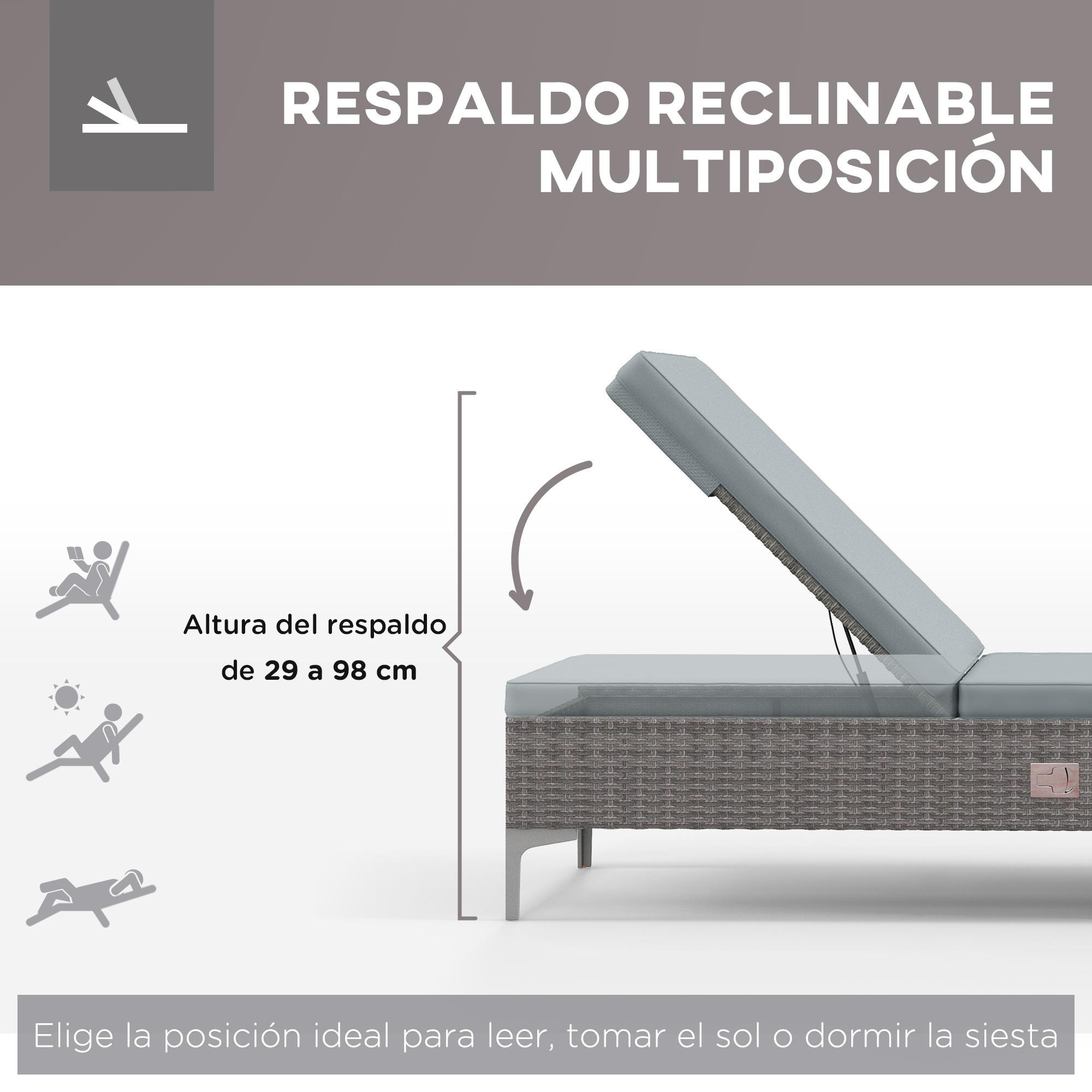 Tumbona de Ratán Reclinable Tumbona de Jardín con Respaldo Ajustable Cojín Extraíble y Lavable Carga 160 kg para Patio Terraza 202x61x29-98 cm Gris y Marrón