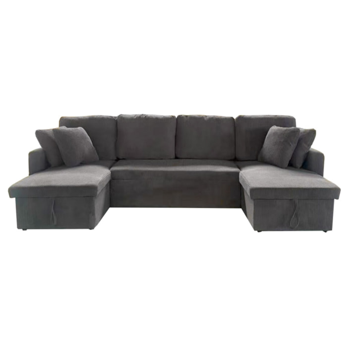 ELLA Canapé panoramique convertible avec coffres 4 places en velours côtelé gris
