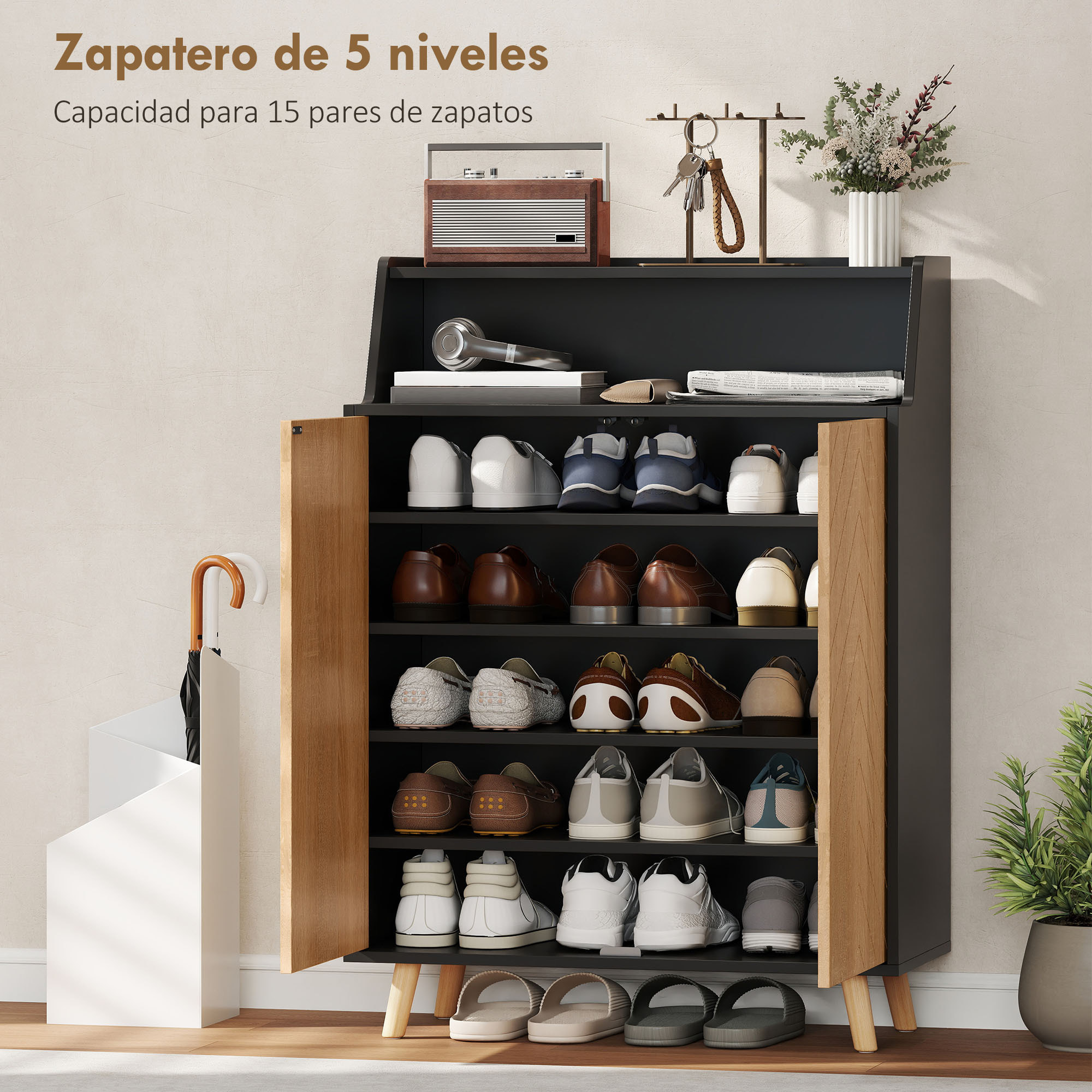 Zapatero de 2 Puertas en Espiga, Zapatero Entrada Recibidor con Estantes Ajustables, Compartimento Abierto y Patas de Madera, para 15 Pares de Zapatos, 75x35x104 cm, Negro y Natural