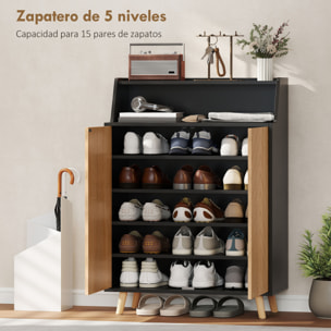 Zapatero de 2 Puertas en Espiga, Zapatero Entrada Recibidor con Estantes Ajustables, Compartimento Abierto y Patas de Madera, para 15 Pares de Zapatos, 75x35x104 cm, Negro y Natural