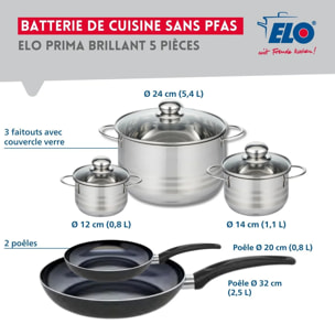Ensemble de 2 Poêles de cuisson 20 et 32 cm et 3 faitouts 12, 14 et 24 cm Elo Prima Brillant
