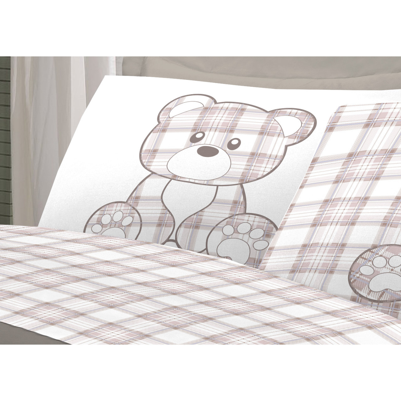 Completo Lenzuola In 100% Cotone Orsetto Tartan Primavera