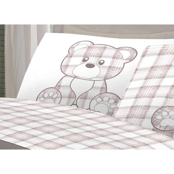 Completo Lenzuola In 100% Cotone Orsetto Tartan Primavera