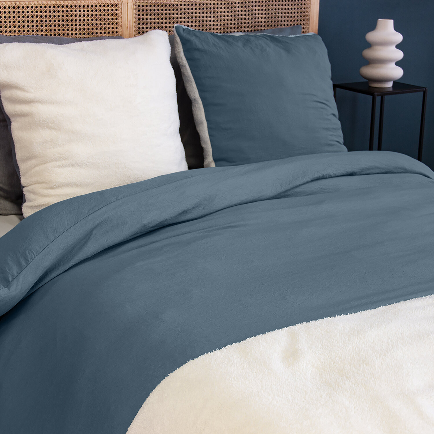 Parure housse de couette 3pcs en microfibre lavée unie - bleu