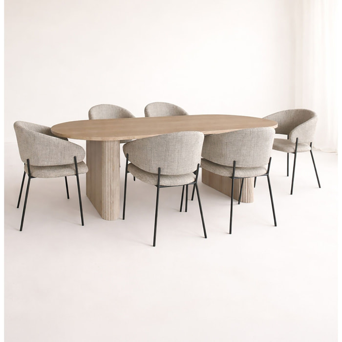 Ensemble table ovale effet bois 220cm et 6 fauteuils en tissu taupe QUITO