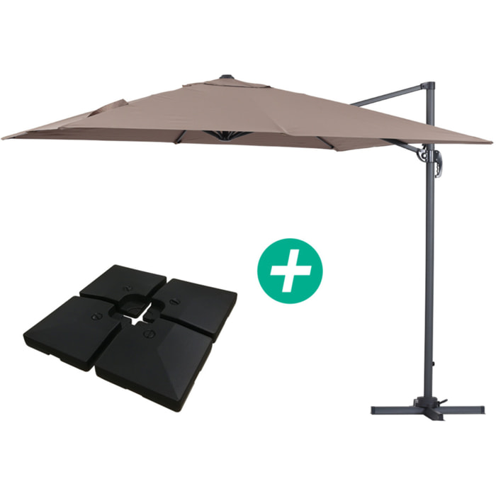 Parasol jardin déporté Alu "Sun 3" - Carré - 3 x 3 m - Taupe - Dalles incluses