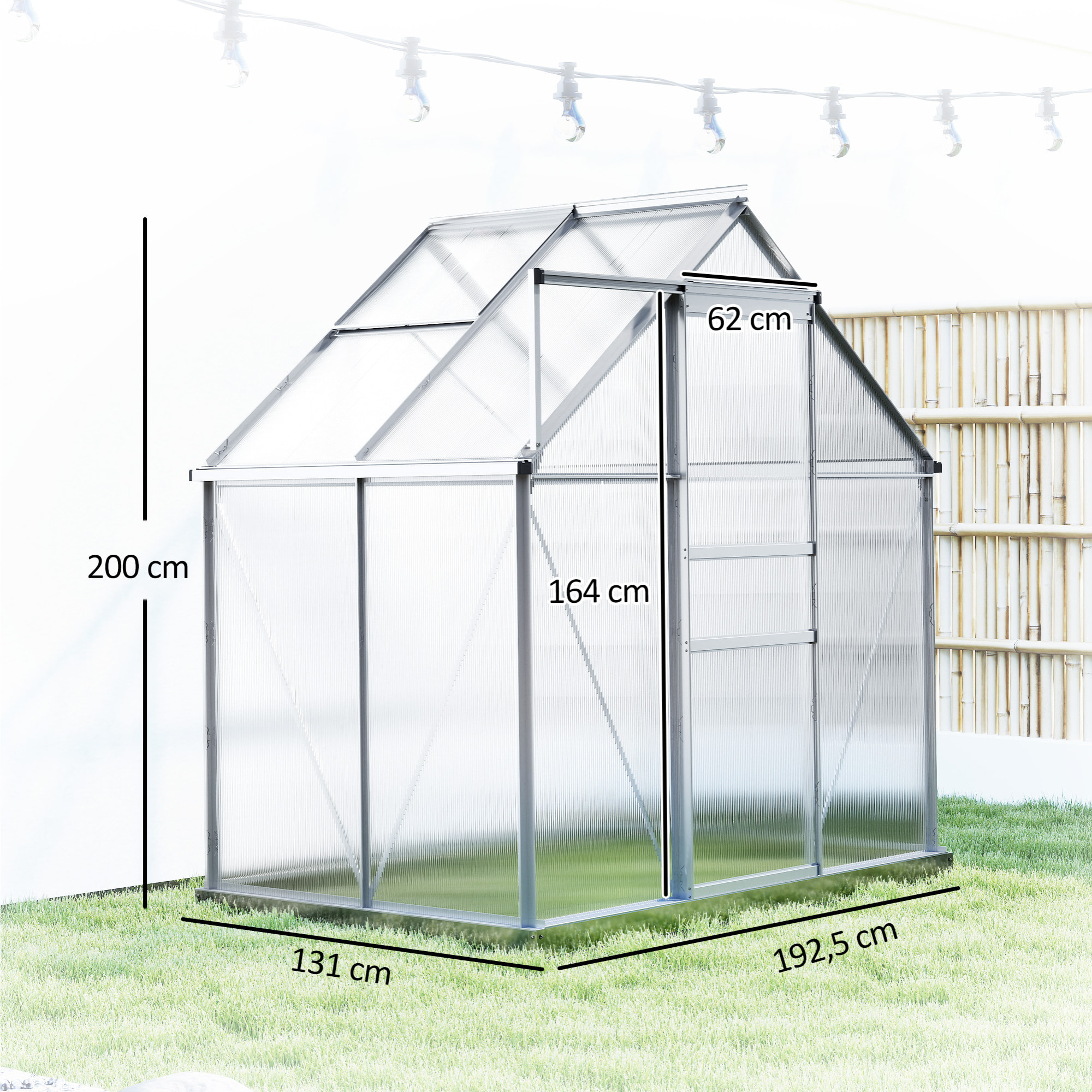 Serre de jardin aluminium polycarbonate 2,5 m² dim. 1,92L x 1,31l x 2H m lucarne réglable fondation porte coulissante