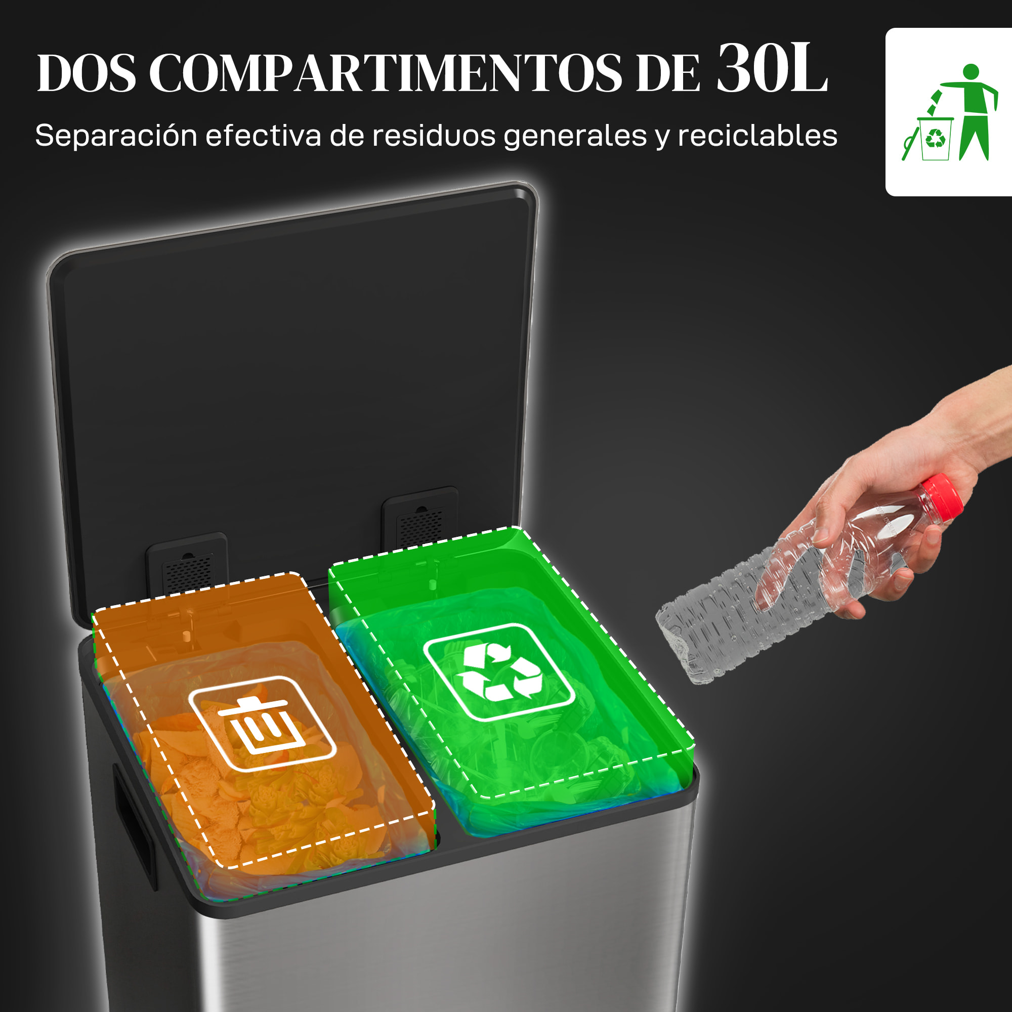 Cubo de Basura de Cocina con 2 Compartimentos 2x30L Papelera de Cocina de Acero Inoxidable con Pedal Tapa de Cierre Suave y Cubo Extraíble para Dormitorio Oficina Salón Plata