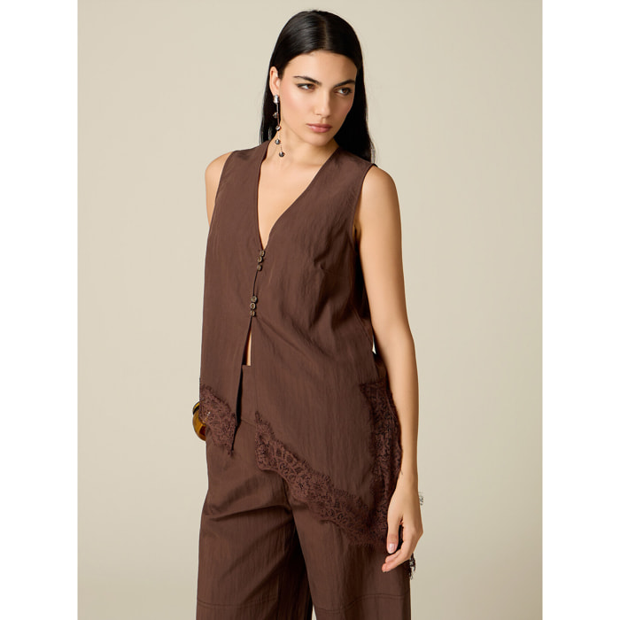 Oltre - Blusa asimmetrica con pizzo - Marrone