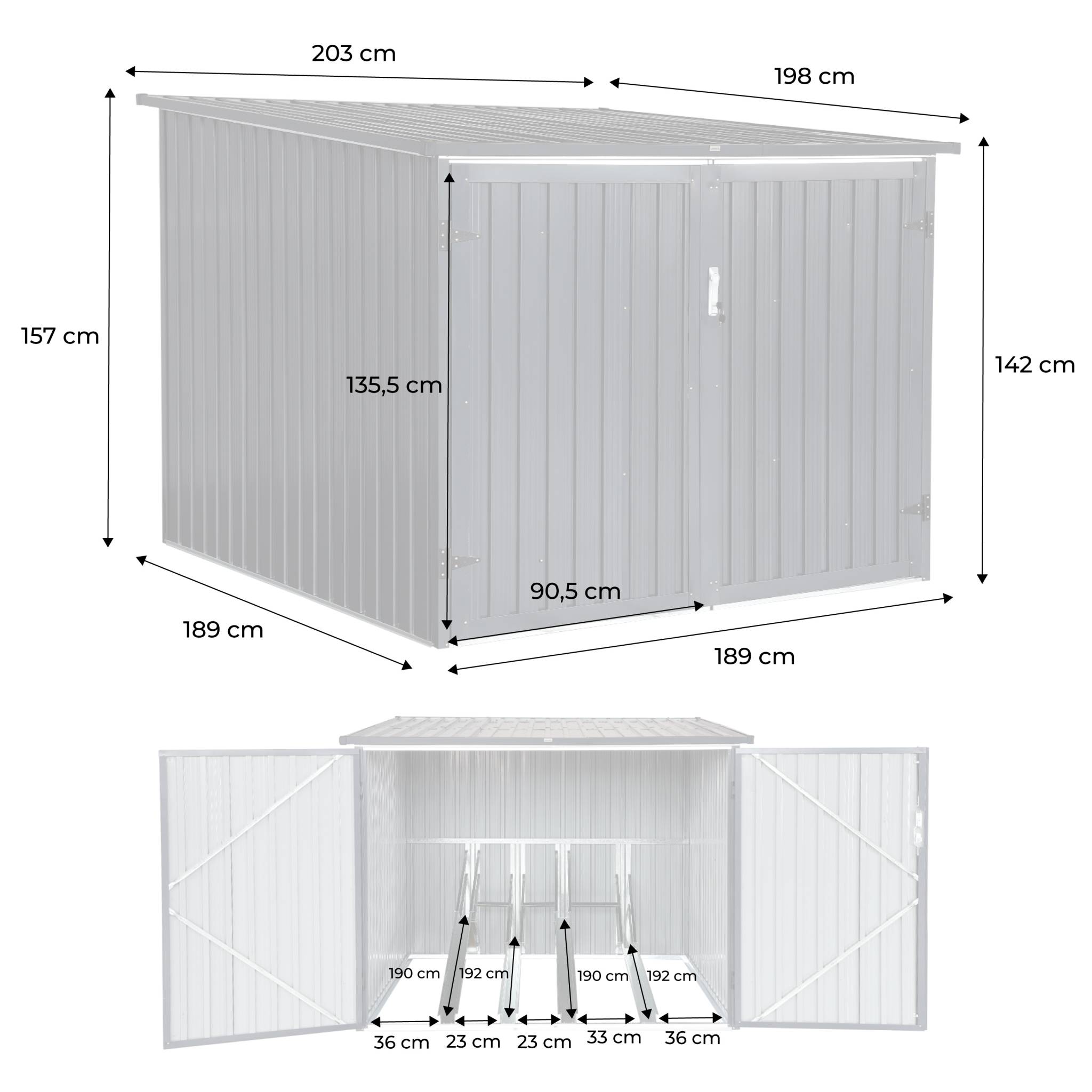 Abri à vélo. rangement 4 vélos. gris en acier galvanisé. L 203 x P 198 x H 157 cm