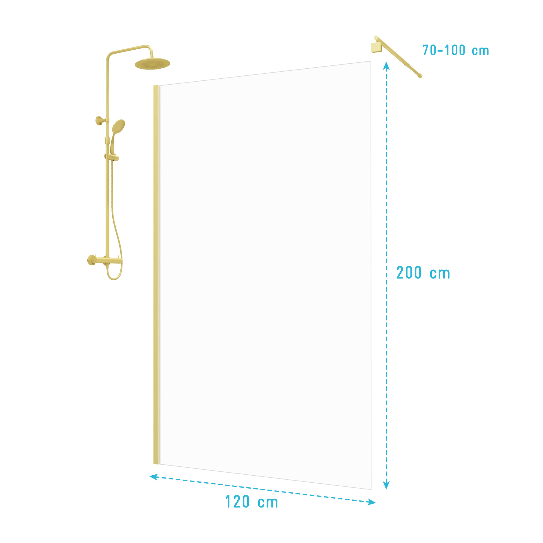 Paroi de Douche 120x200cm - Profilé + Bras extensible + Colonne de douche Thermostatique Or Brossé