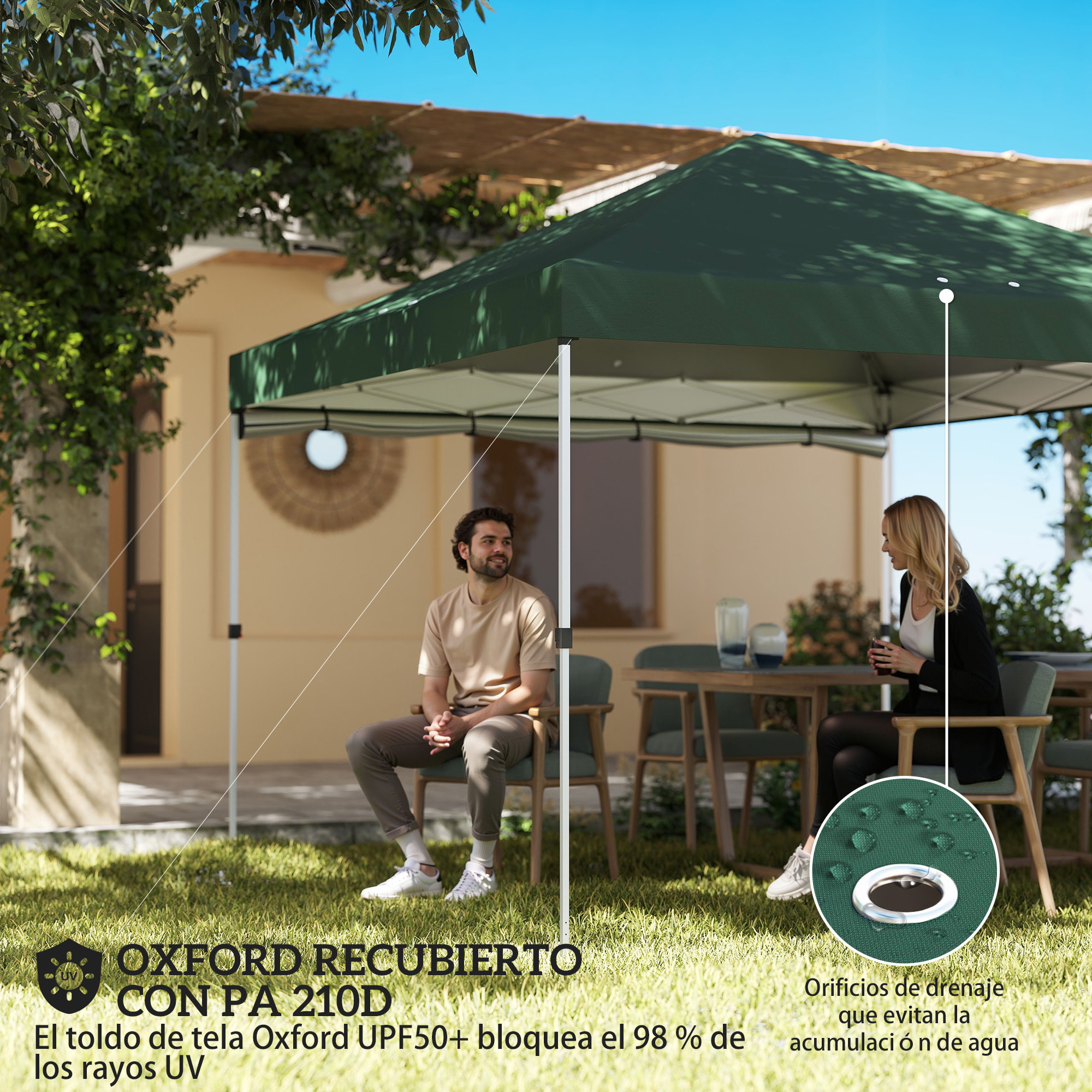 Carpa Plegable 3x3 m, Pop-up, con Pared Lateral, Cenador de Jardín con Protección UPF50+, Empuje Central, Altura Ajustable, Bolsa de Transporte, Gazebo para Camping, Exterior, Verde