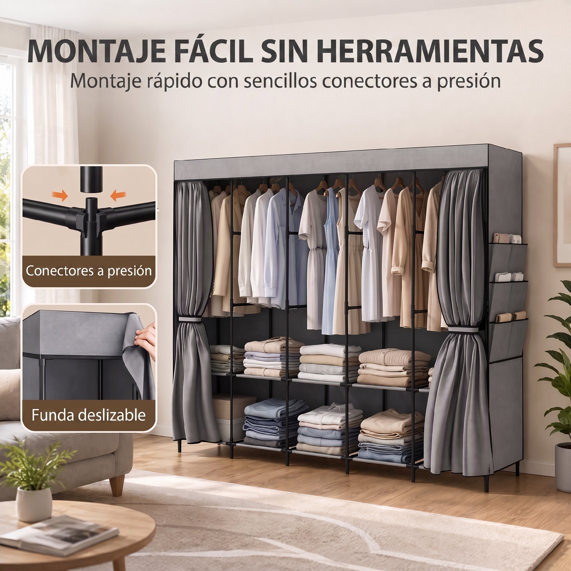 HOMCOM Armario de Tela, Armario Ropero con 5 Barras, 5 Estantes, 6 Bolsillos Laterales, Cremallera, Marco de Acero, para Dormitorio, Espacio Pequeño, 212x45x167 cm, Gris