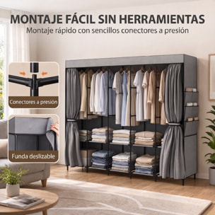 HOMCOM Armario de Tela, Armario Ropero con 5 Barras, 5 Estantes, 6 Bolsillos Laterales, Cremallera, Marco de Acero, para Dormitorio, Espacio Pequeño, 212x45x167 cm, Gris