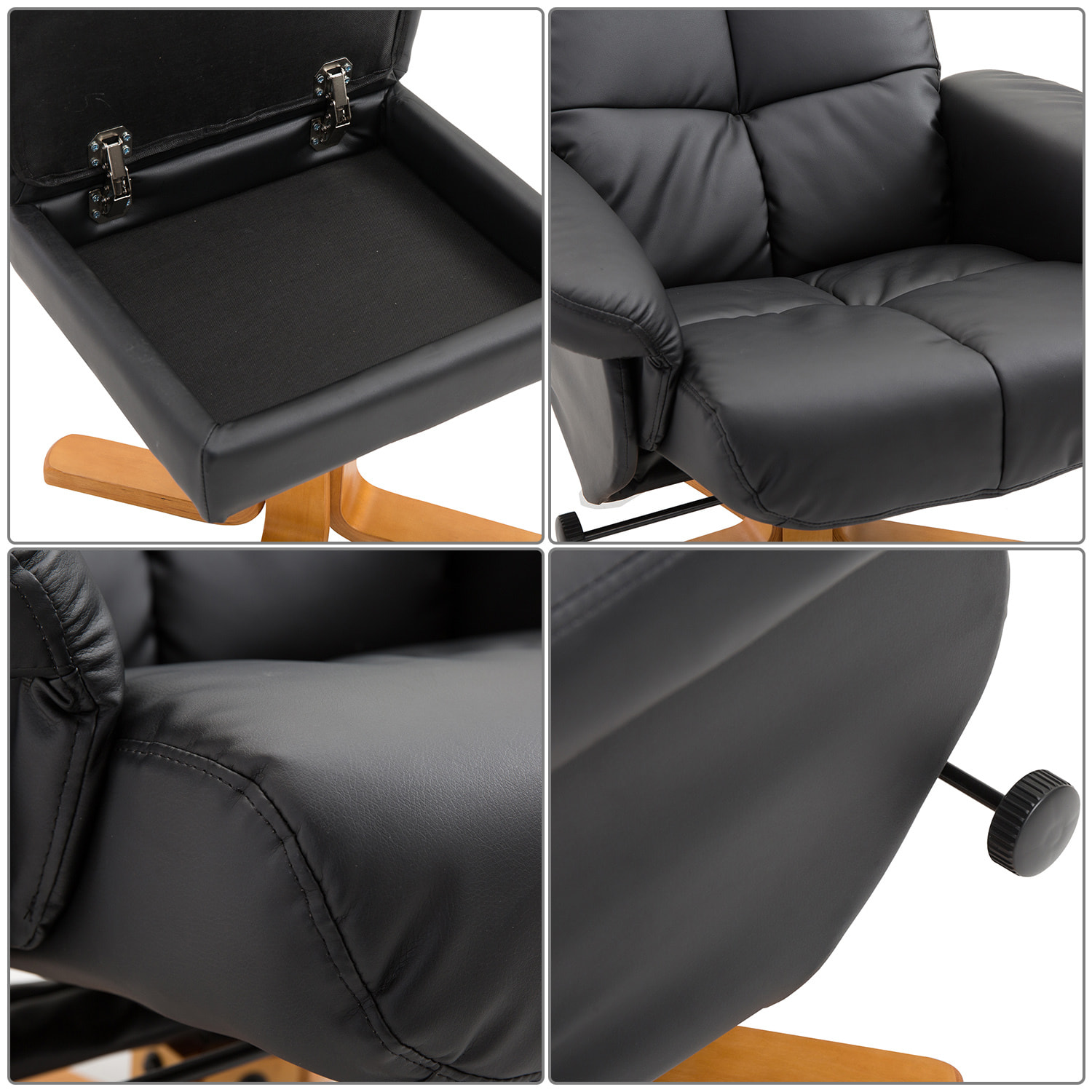 Fauteuil relax inclinable style contemporain repose-pieds coffre rangement revêtement synthétique acier bois noir