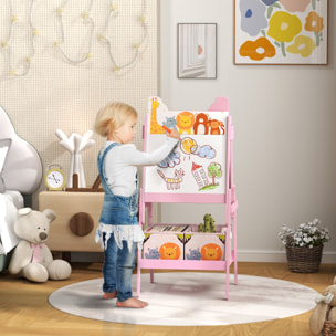 Pizarra Infantil Caballete 2 en 1 Doble Cara con Pizarra Blanca 2 Cestas de Almacenamiento Caballete Pintura Niños con Estampado de Animales 53,5x49x113 cm Rosa