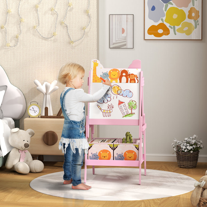 Pizarra Infantil Caballete 2 en 1 Doble Cara con Pizarra Blanca 2 Cestas de Almacenamiento Caballete Pintura Niños con Estampado de Animales 53,5x49x113 cm Rosa