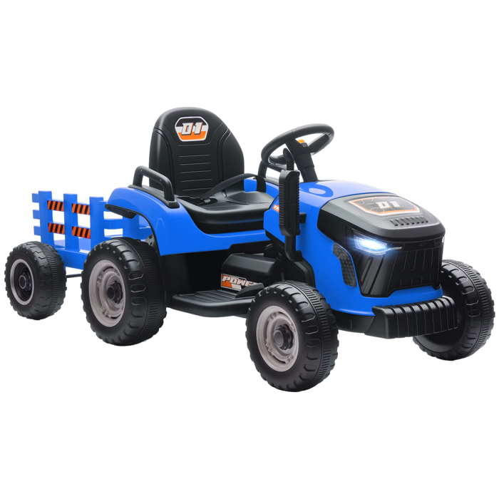 Tractor Eléctrico para Niños con Remolque Desmontable, Tractor de Juguete de Batería 12V, Velocidad 3-5 km/h, Control Remoto 2,4G, Música, Bocina, para Niños de 3-8 Años, Azul