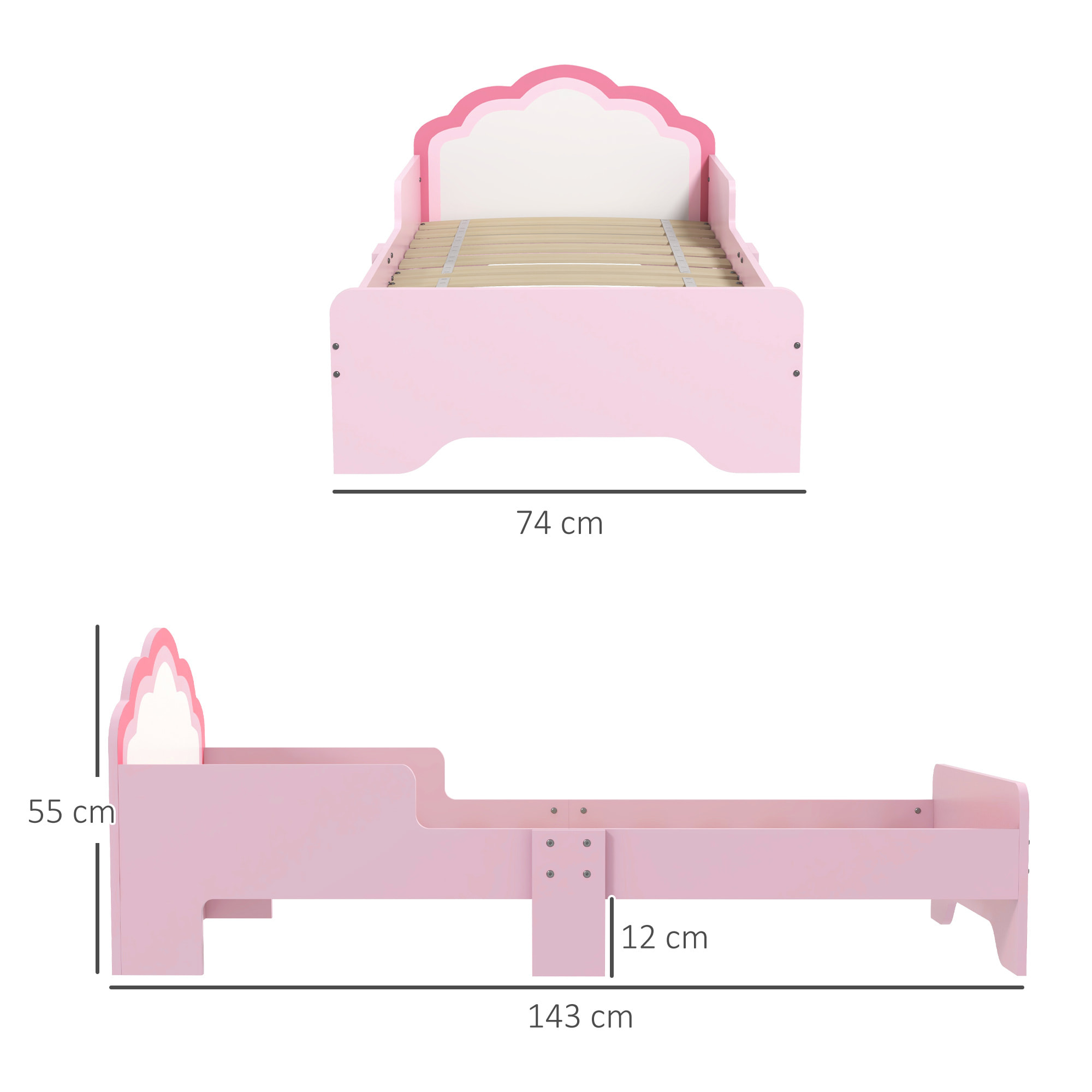 Lit enfant design girly motif nuage - sommier à lattes inclus - MDF contreplaqué rose blanc