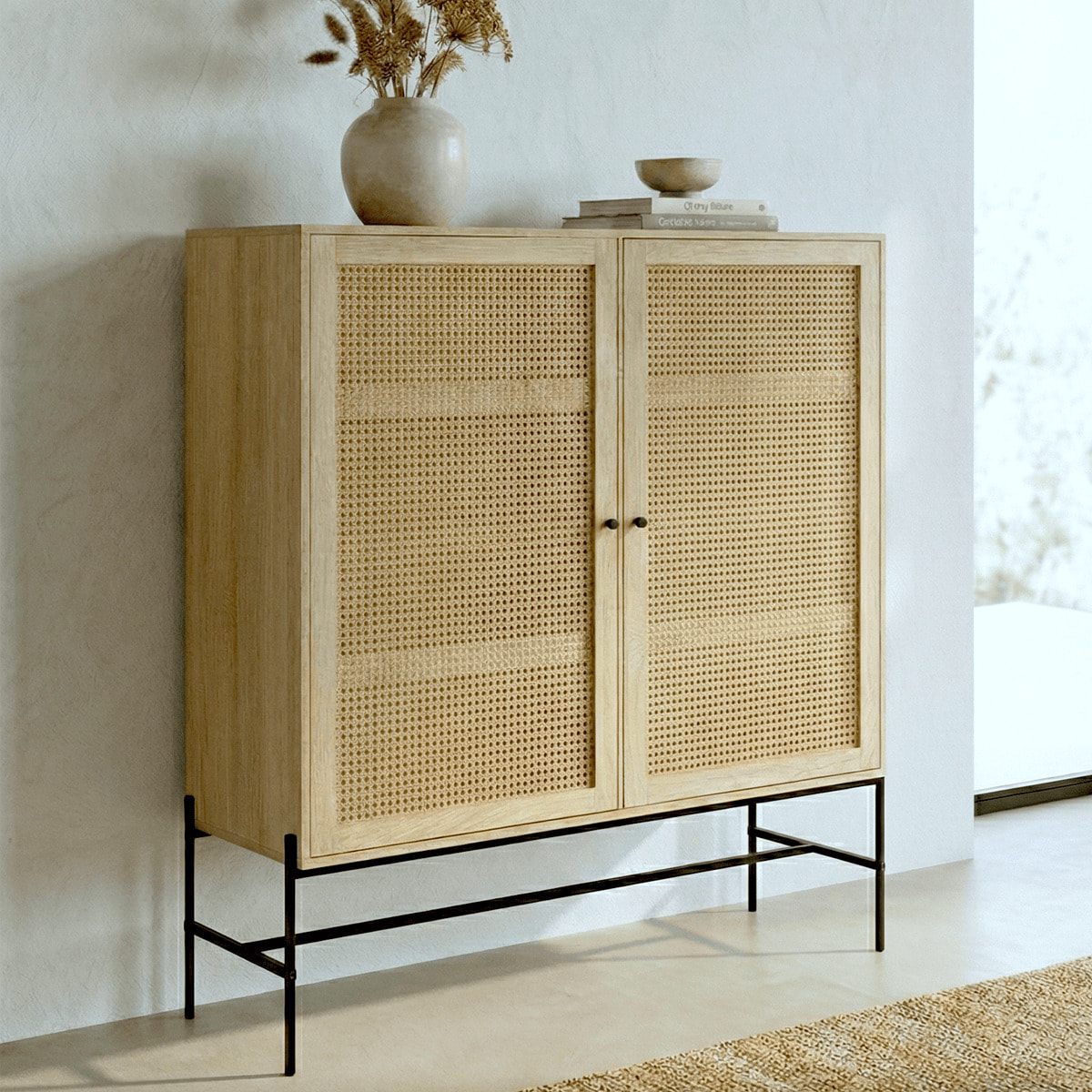 Buffet haut 2 portes en cannage et effet chêne - IRIS