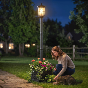 Farola Solar Exterior de Jardín con Macetero, Luz Solar de Exterior LED, 2 Modos de Brillo 100/50 lm, Impermeable IP44, Encendido/Apagado Automático, para Terraza, Patio, 41,5x41,5x202,5 cm