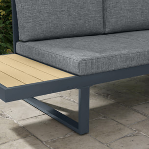 Salon de jardin d'angle 5 places avec table basse coussins alu gris aspect bois