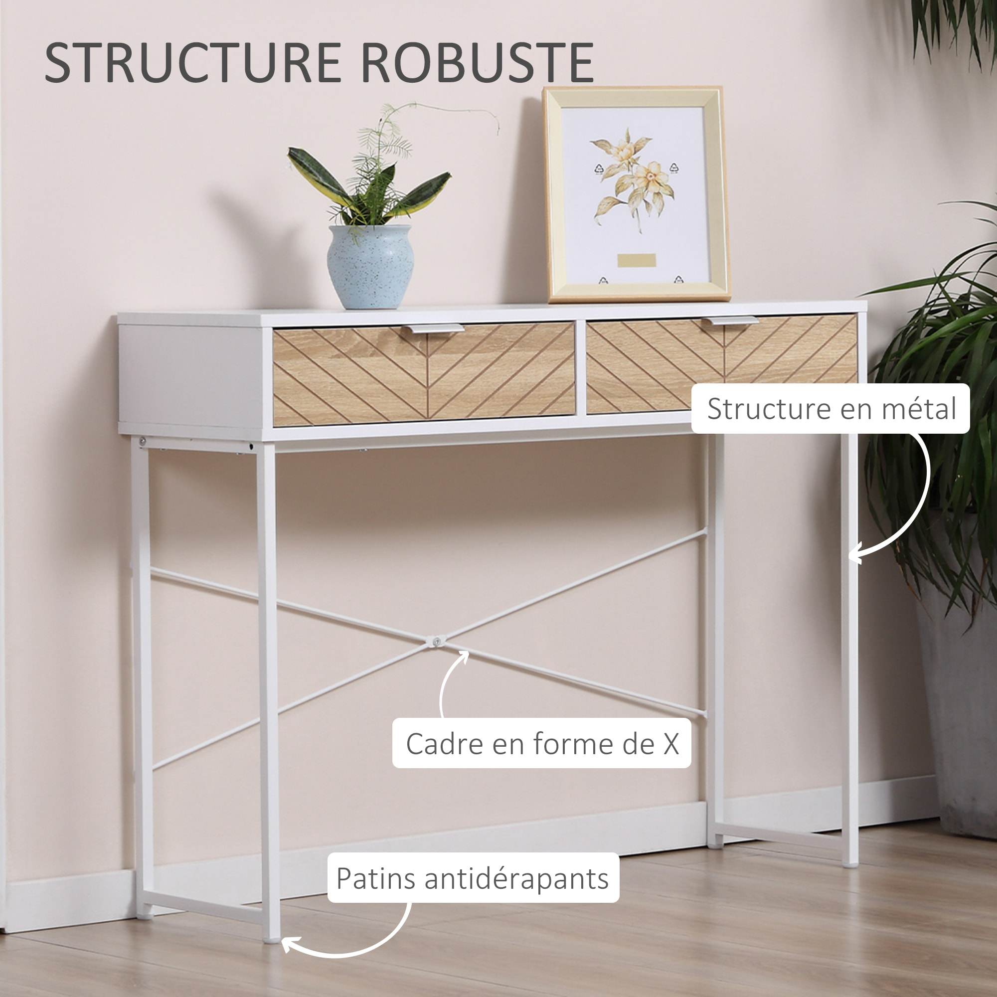 Table console industriel 2 tiroirs aspect bois de chêne sculpté motif à chevrons piètement métal blanc