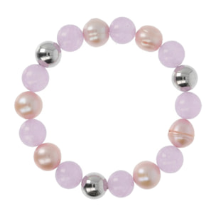 Bracciale Elastico con Sfere, Quarzo Viola e Perle d'Acqua Dolce Rosa Ø 11/12 mm