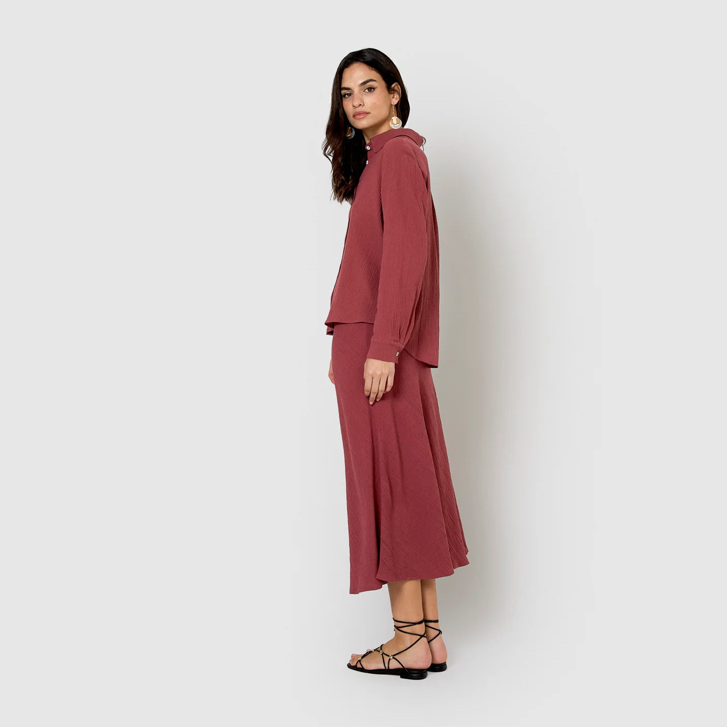 Falda midi evasé algodón lino malva/rosa