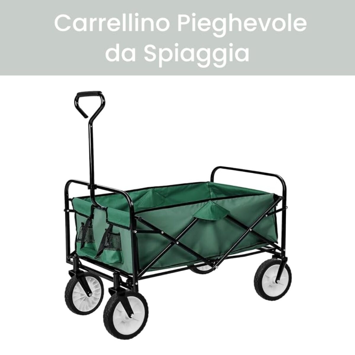 INTRECCI Carrellino Pieghevole da Spiaggia, Resistente a Raggi UV e Ruggine, Impermeabile, Peso max 80kg, con Freno e Manico Estensibile, Perfetto per Spiaggia, Pic-Nic e Campeggio, Mod. Comiso