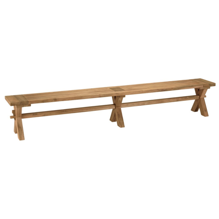 KALLY - Banc de jardin 270x35cm en bois teck recyclé pieds croisés