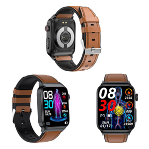 Smartwatch E500 con rilevamento della glicemia, pressione sanguigna e monitor O2. ECG con misurazione del torace. Schermo 1.8. Cinturino in pelle.