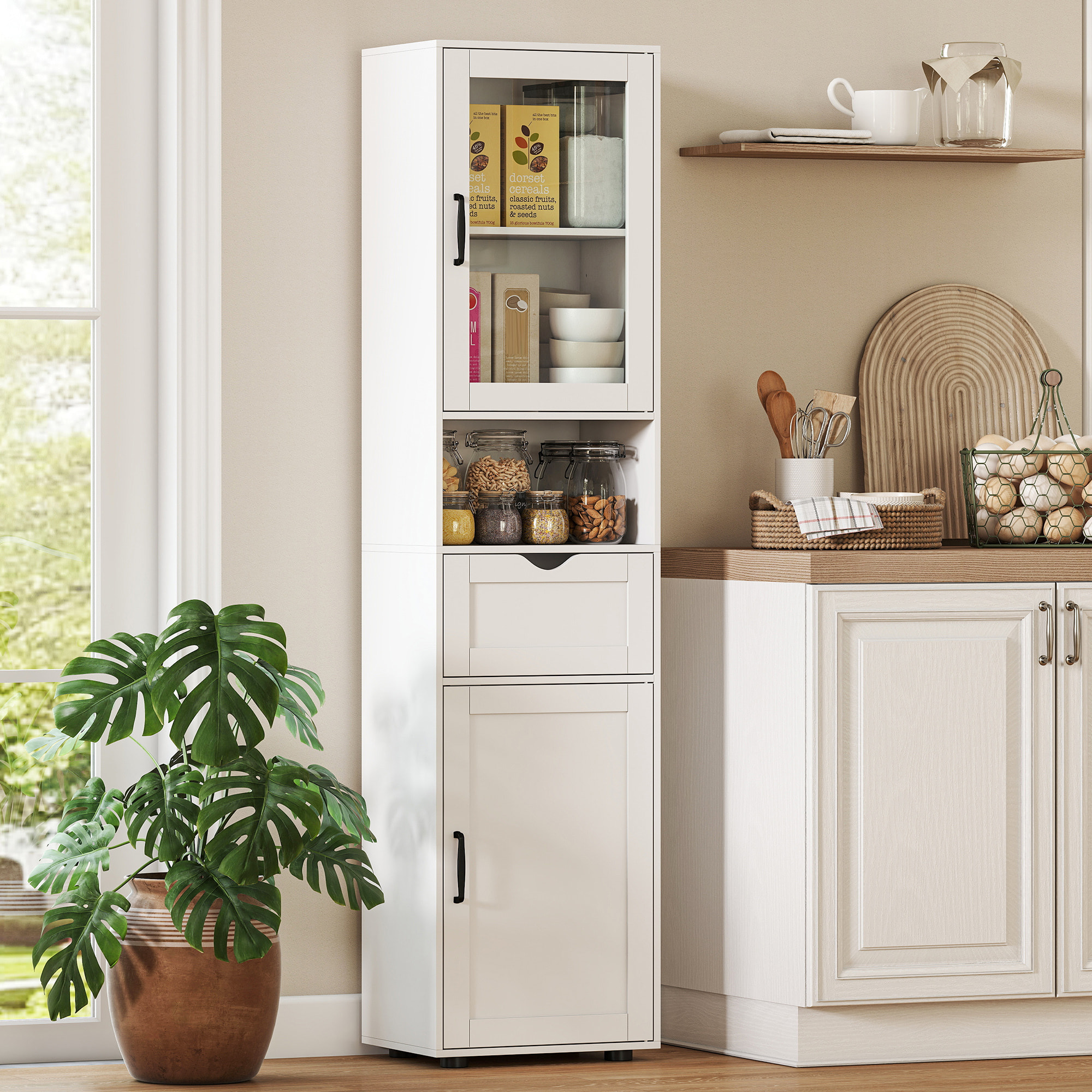 Armario de Baño Alto, Mueble Auxiliar de Baño con Puerta de Vidrio, Estantes Ajustables, Cajón, Estante Abierto, Columna Estrecha para Espacios Pequeños, 40x30x165 cm, Blanco