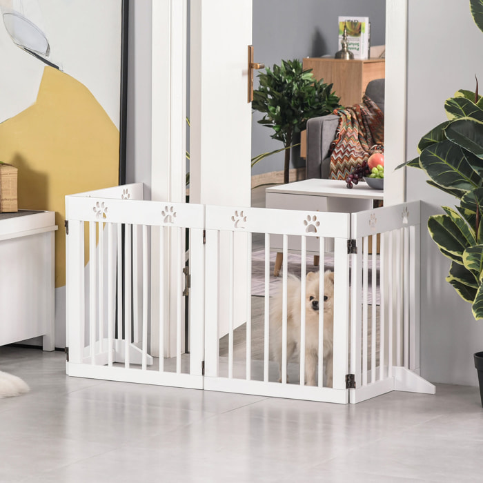 Barrière de sécurité pour animaux - barrière modulable pliable 4 panneaux - motif patte - 2 pieds support - bois de pin blanc