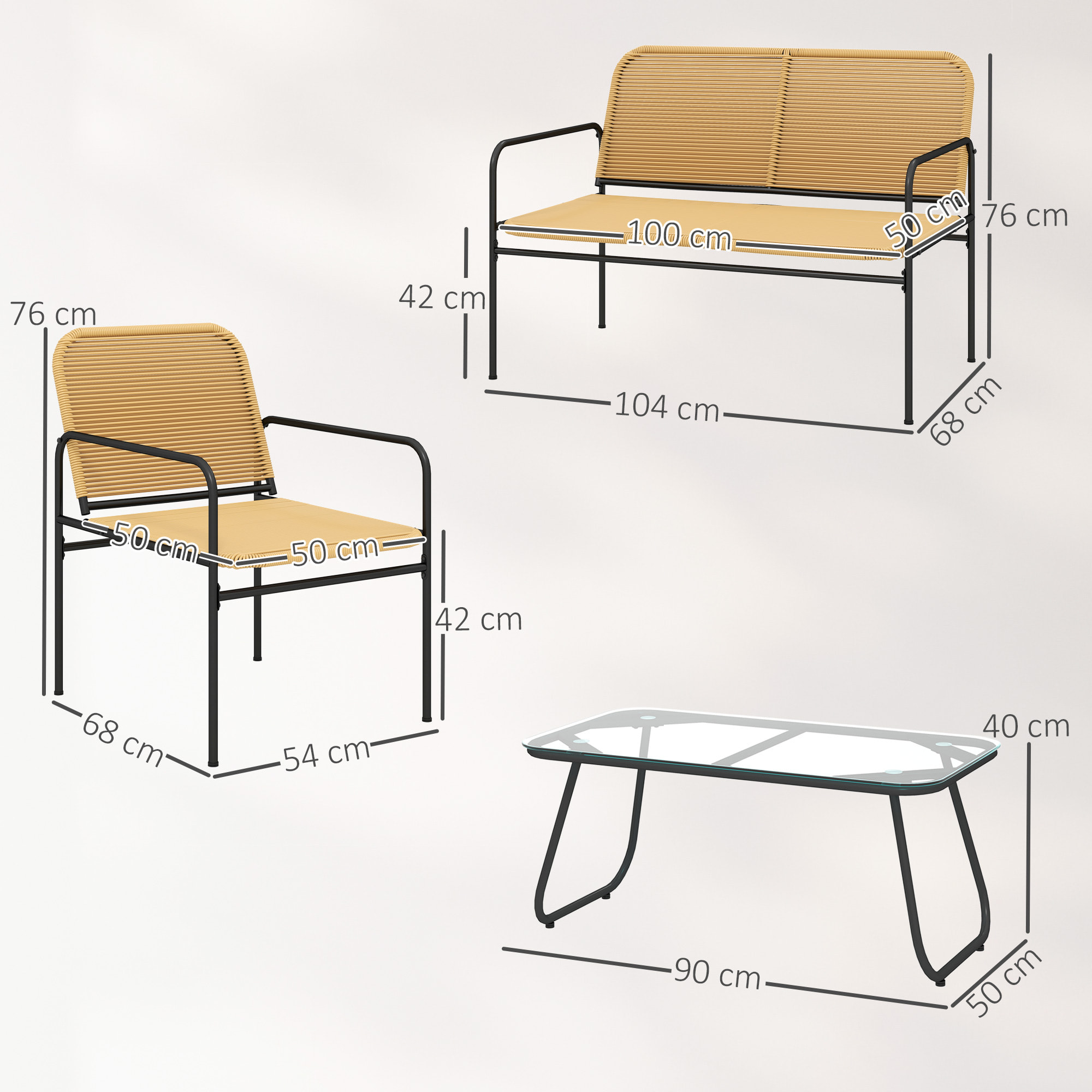 Conjunto Jardín Exterior de Ratán Conjunto Terraza Resistente a la Intemperie Muebles Jardín Exterior con 2 Sillones Sofá de 2 Plazas y Mesa de Tablero de Vidrio Templado Natural