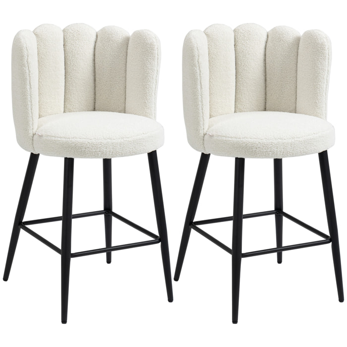 Lot de 2 tabourets de bar design contemporain - repose-pied - acier noir revêtement effet laine bouclée blanc