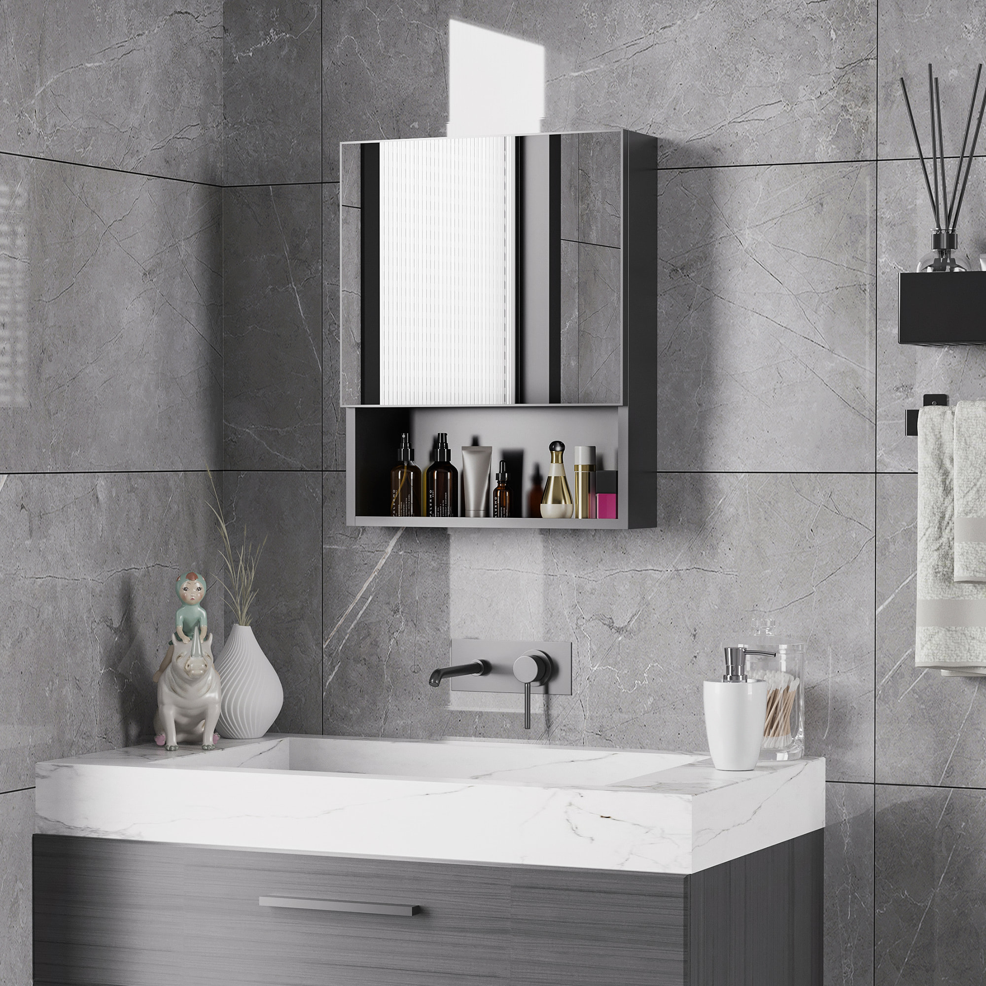 Armoire murale de rangement salle de bain avec porte miroir étagère niche acier inox. noir