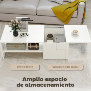 Mesa de Centro con Tablero Deslizante, Mesa baja para Salón Moderna con Compartimento Oculto, Estante Abierto, Mesa de Café para Comedor, Oficina, 110x52x36 cm, Blanco