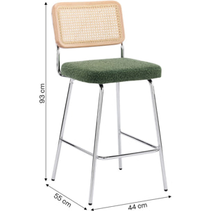 Lot de 2 chaises de bar en cannage et tissu bouclé, piètement chromé - MUSE