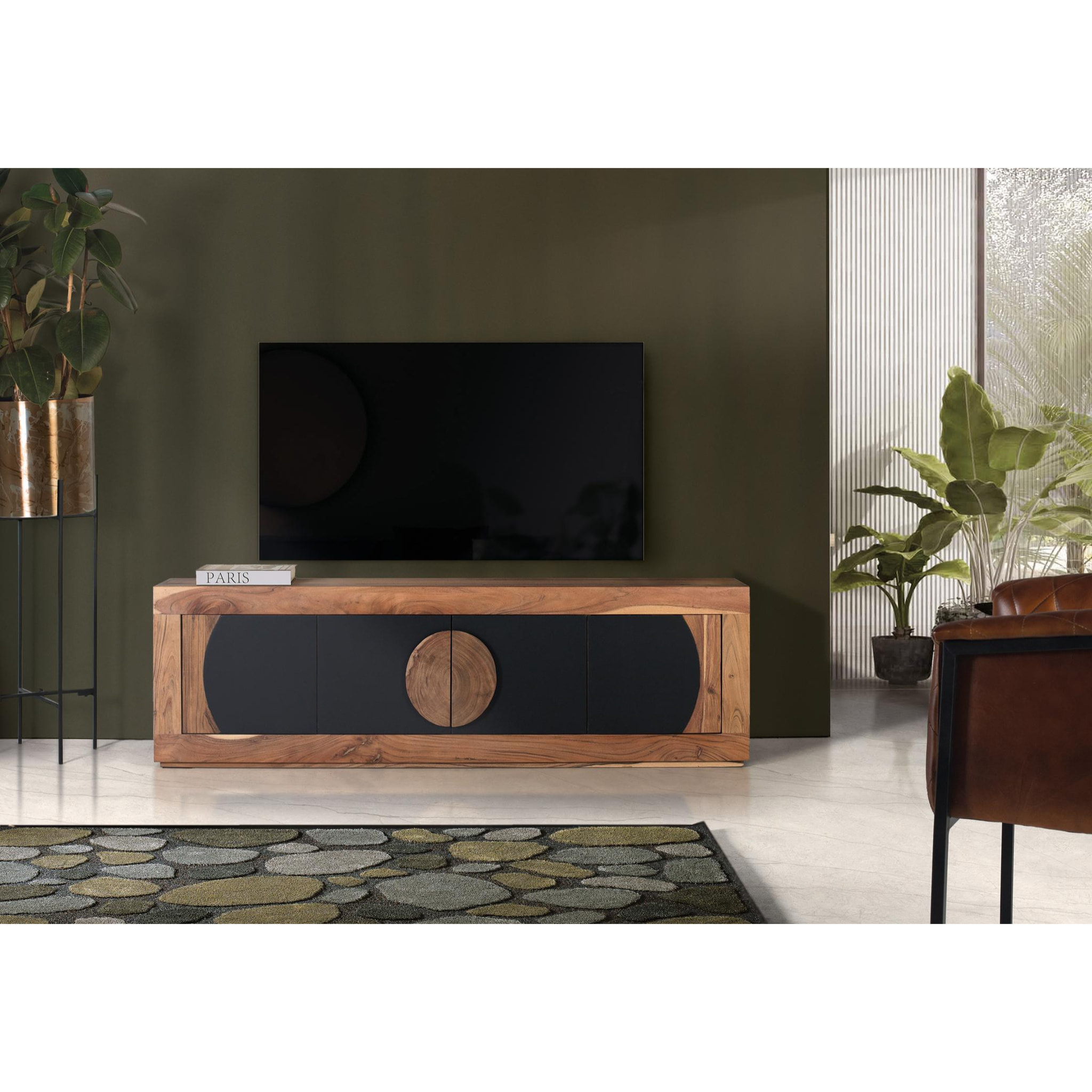 Mueble TV de Madera de Acacia 160 Cm Estilo Rústico Contemporáneo