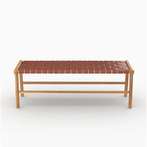 Banc 120 cm en cuir tressé marron et bois de teck - Kuna