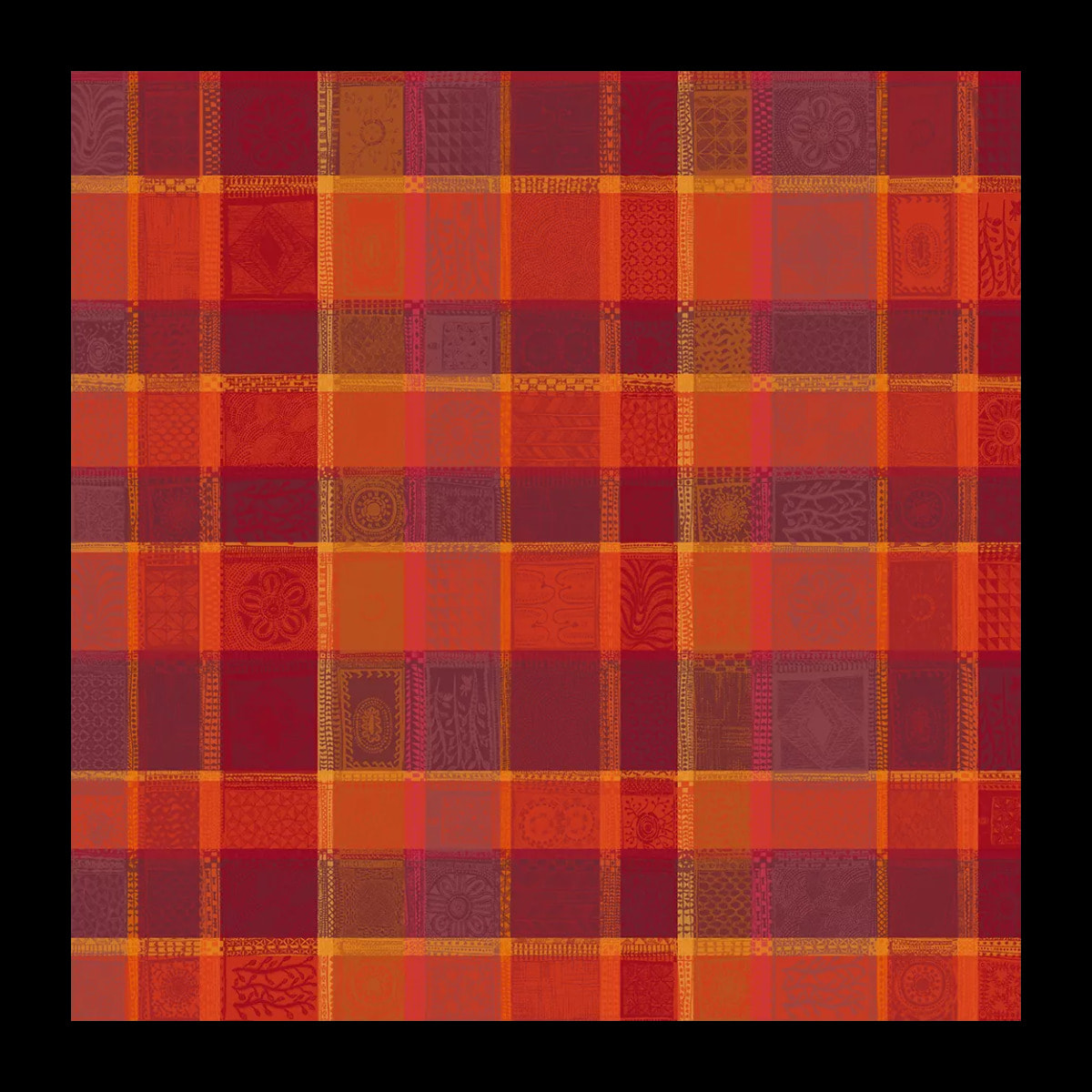 Nappe pur coton enduit motif jacquard orange rouge Mille wax ketchup