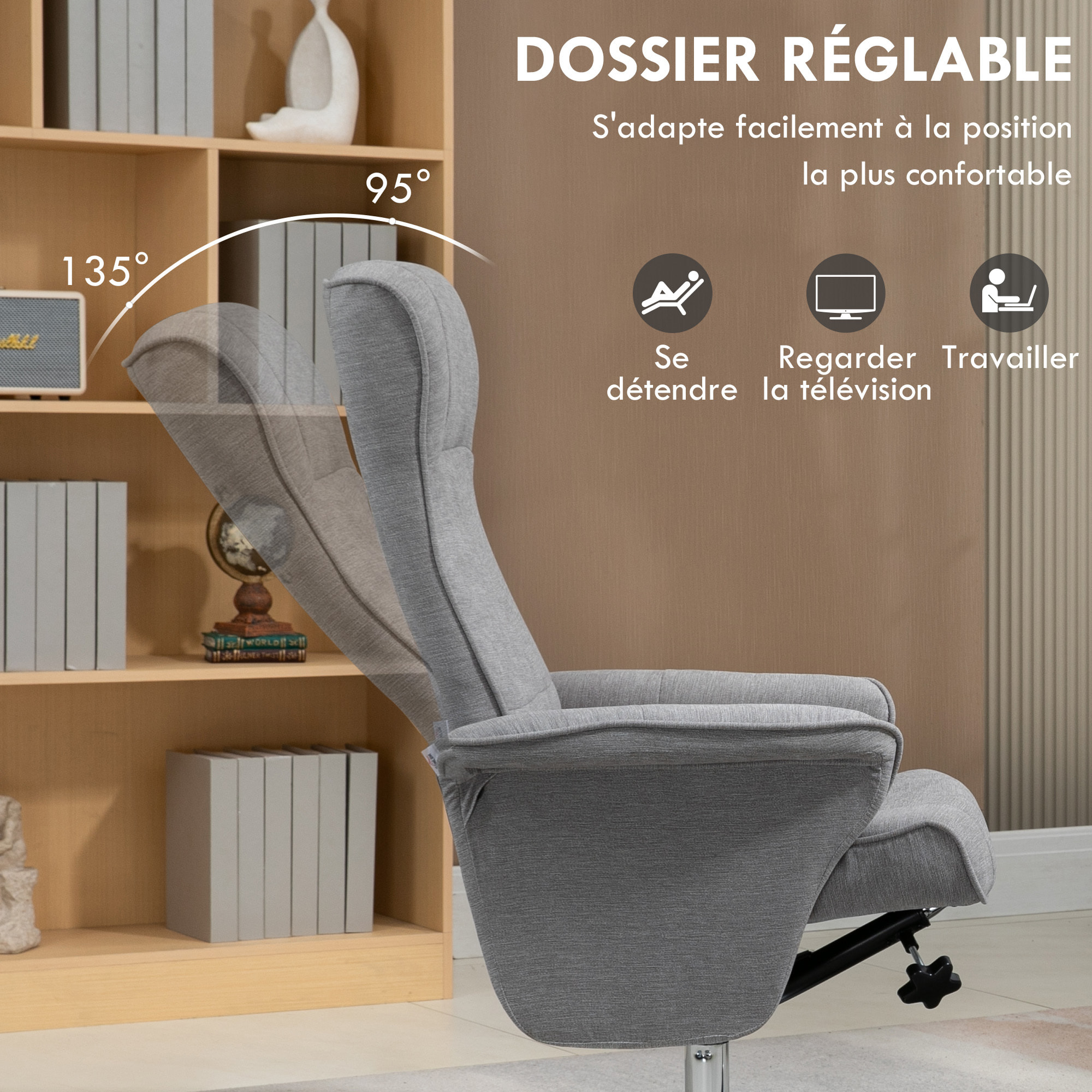 Fauteuil relax style contemporain - pivotant, dossier inclinable, repose-pied - piètement acier chromé tissu gris