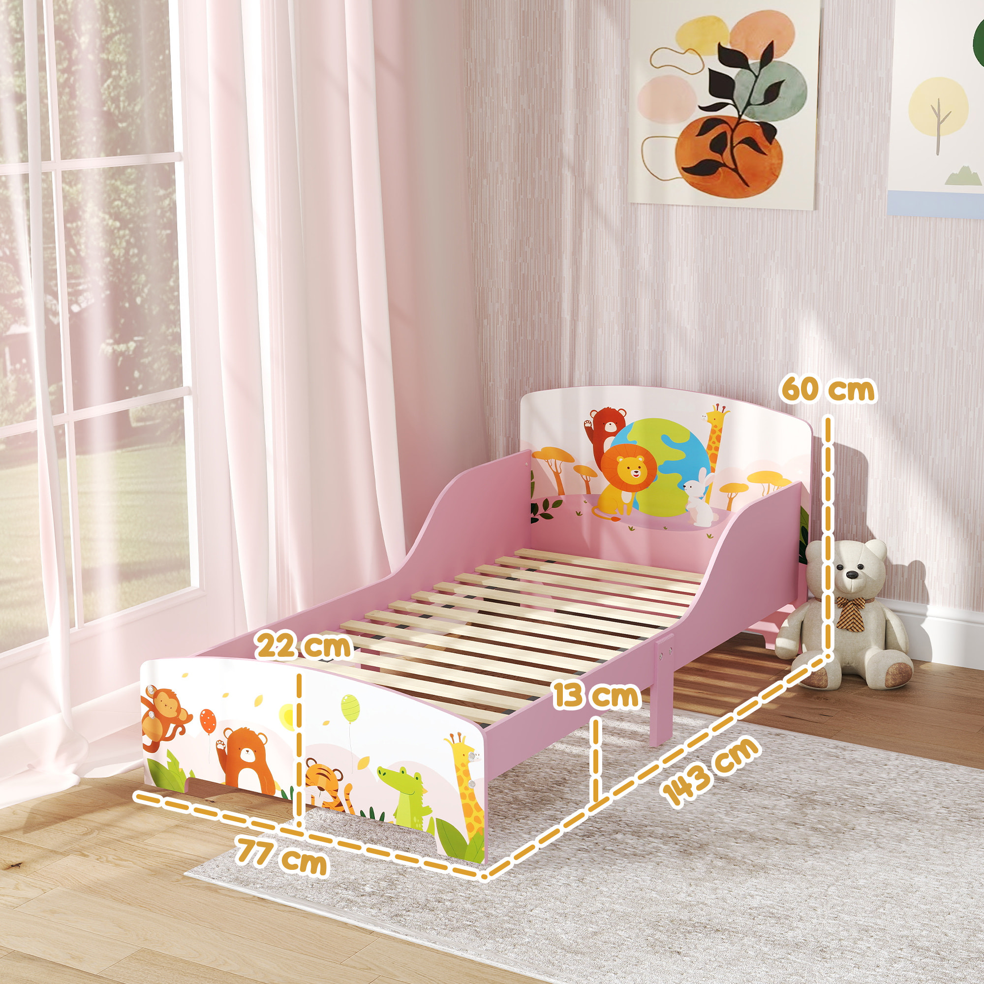 Lit enfant - lit d'enfant design animaux - sommier à lattes inclus - MDF contre-plaqué rose