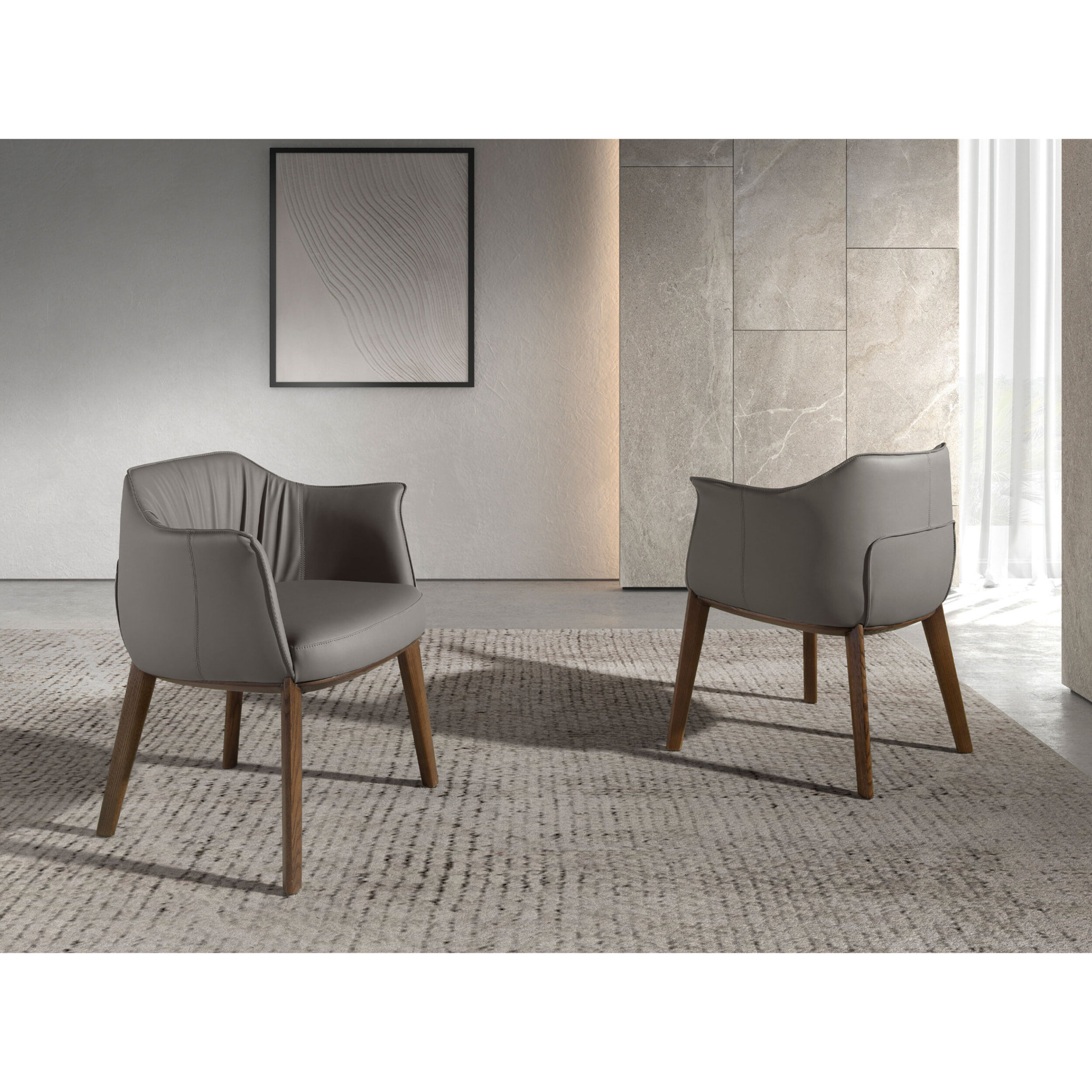 Silla Angel Cerdá con reposabrazos con asiento y respaldo tapizados en polipiel griss patas de madera en nogal 64x56x73cm