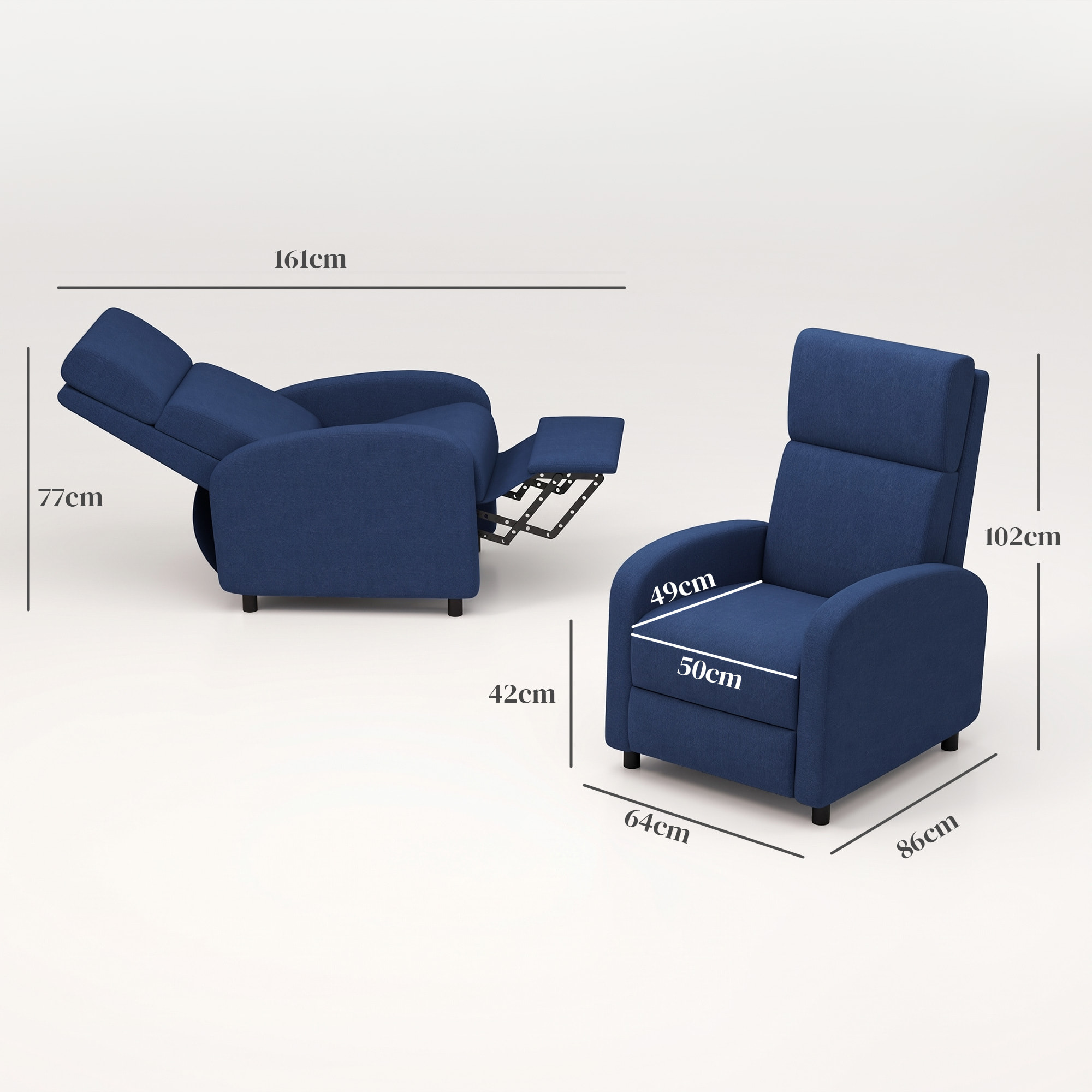 HOMCOM Sillón Relax Reclinable Manual Sillón Relax Tapizado en Lino Sintético con Reposapiés Respaldo Alto Carga 120 kg Butaca Reclinable para Dormitorio Oficina Azul Oscuro